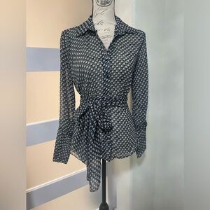 Agora leaf print sheer long sleeve blouse with wrap around SZ small EUC